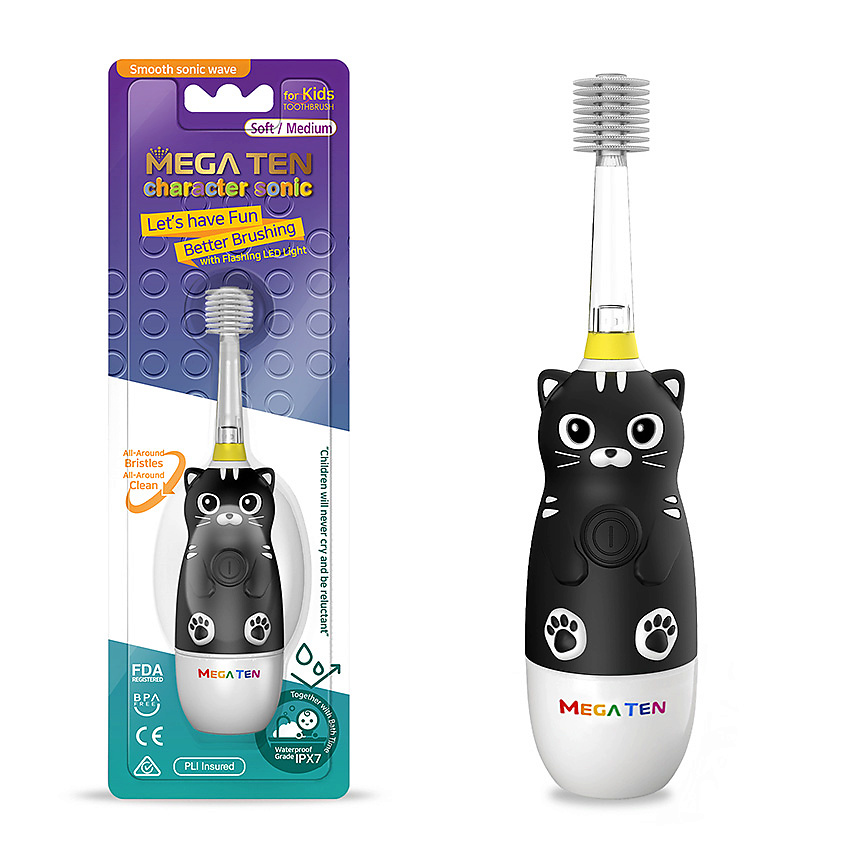 MEGA TEN Детская электрическая зубная щетка KIDS SONIC Котенок Black Edition – фото 2