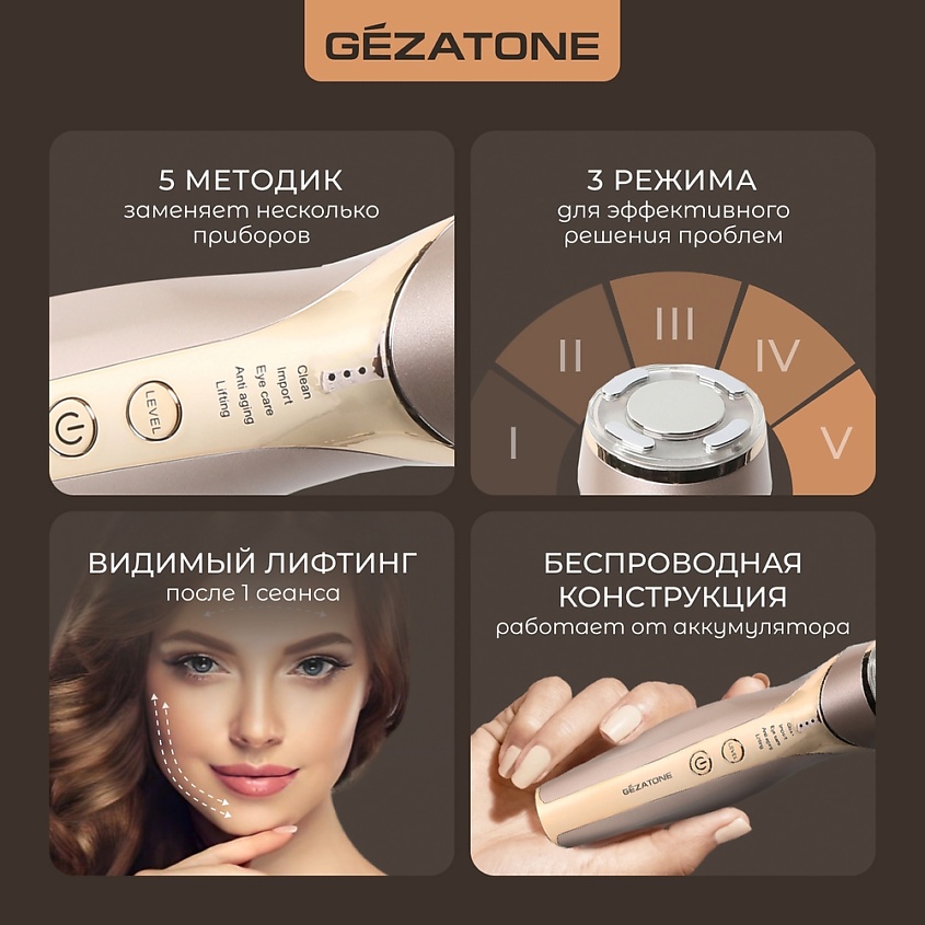 GEZATONE Ультразвуковой лифтинг массажер для лица 5-в-1 m357 – фото 10