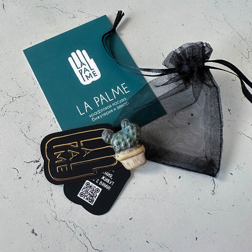 LA PALME ARTISAN CERAMICA Брошь-значок из керамики Кактус Опунция Бирюза Б – фото 3