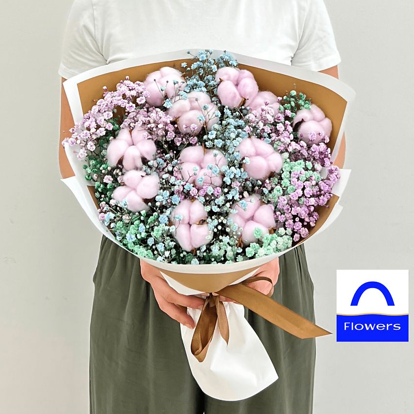 ЛЭТУАЛЬ FLOWERS Букет из разноцветной гипсофлилы и хлопка, "Цветочное суфле" – фото 1
