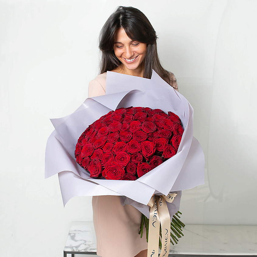ЛЭТУАЛЬ FLOWERS Букет из бордовых роз 75 шт. (40 см) – фото 2