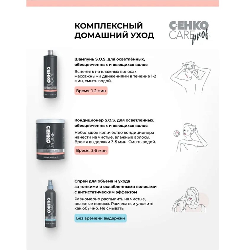 C:EHKO Шампунь CARE prof. S.O.S. для осветленных, обесцвеченных и вьющихся волос, 1000 мл – фото 5