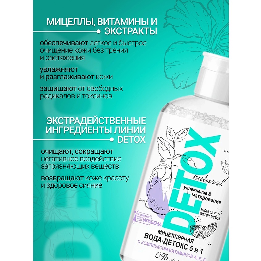 BELKOSMEX Мицеллярная вода-детокс 5 в 1 легкое снятие макияжа для лица, глаз и губ Detox – фото 2