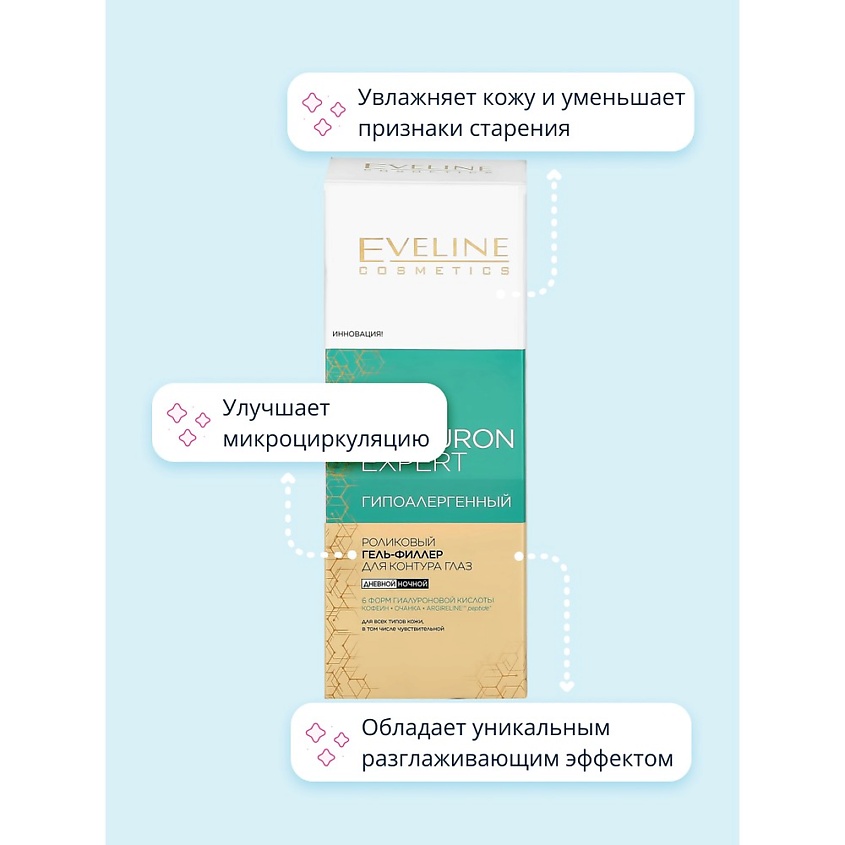 EVELINE Роликовый гель-филлер для кожи вокруг глаз BIO HYALURON EXPERT против мешков и темных кругов – фото 3