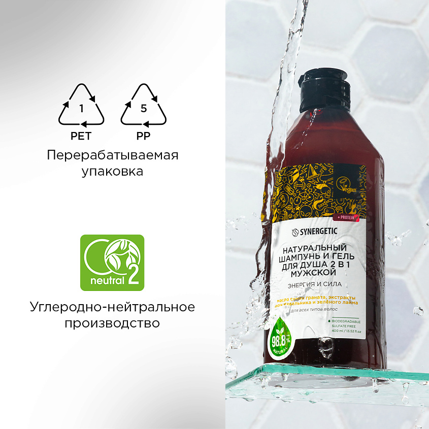 SYNERGETIC Шампунь и гель для душа 2 в 1 «Энергия и сила» мужской натуральный-бессульфатный – фото 9