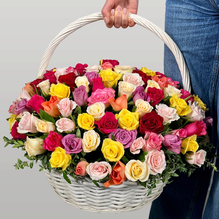 ЛЭТУАЛЬ FLOWERS Корзина из разноцветных роз Кения 151 шт. – фото 4