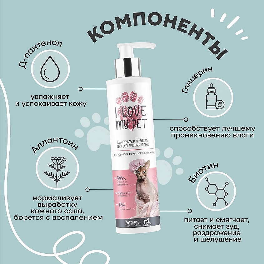 I LOVE MY PET Шампунь увлажняющий для сфинксов и бесшерстных пород животных – фото 2