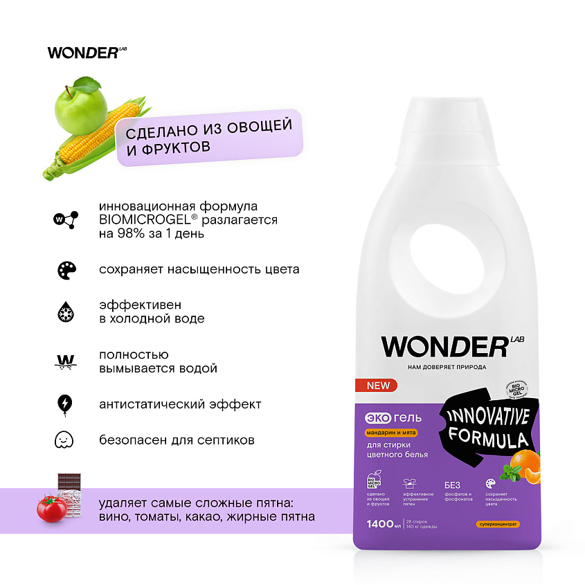 WONDER LAB Эко гель для стирки цветного белья мандарин и мята – фото 3