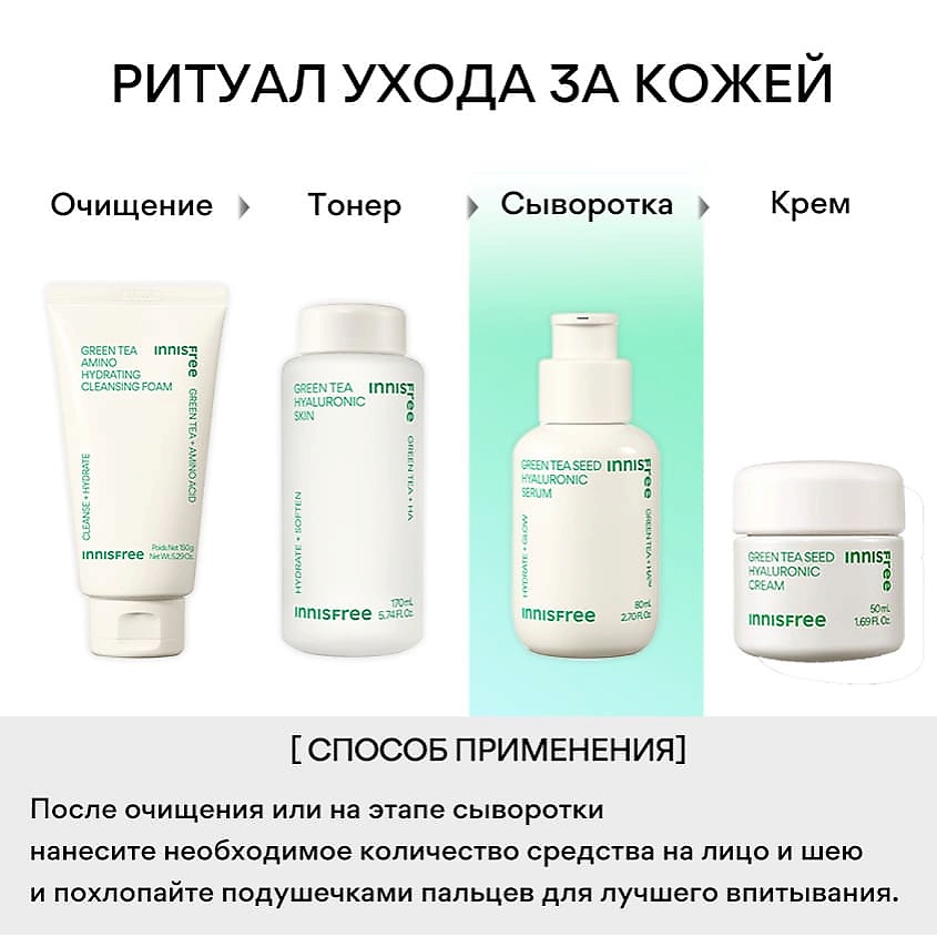 INNISFREE Увлажняющая сыворотка с экстрактом семян зеленого чая и гиалуроновой кислотой для сияния кожи Green Tea – фото 5