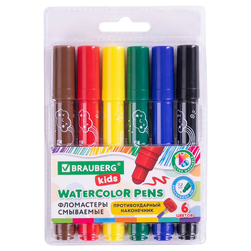 BRAUBERG Фломастеры смываемые детские, противоударный наконечник KIDS – фото 1
