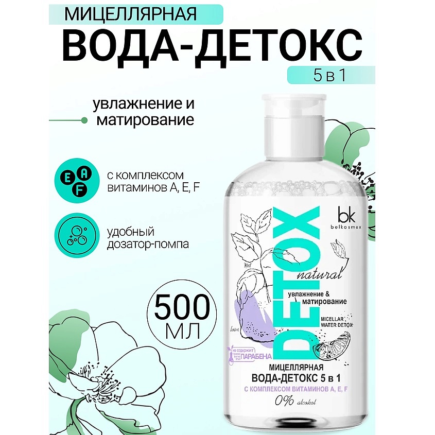 BELKOSMEX Мицеллярная вода-детокс 5 в 1 легкое снятие макияжа для лица, глаз и губ Detox – фото 1