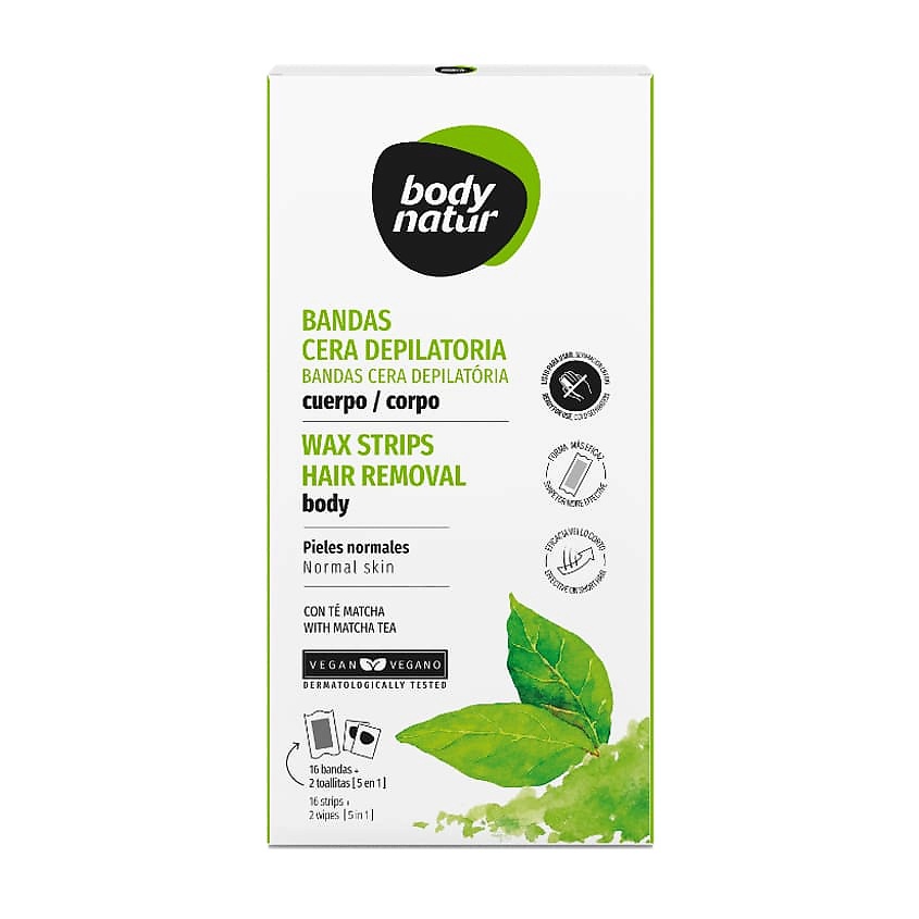 BODY NATUR Восковые полоски для депиляции тела для нормальной и сухой кожи с экстрактом чая матча Wax Strips Hair Removal Face – фото 1
