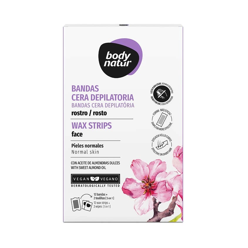 BODY NATUR Восковые полоски для депиляции для лица с миндальным маслом Wax Strips Hair Removal Face – фото 1