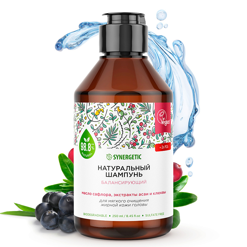SYNERGETIC Шампунь "Балансирующий для мягкого очищения жирной кожи головы" натуральный, 250 мл. – фото 1