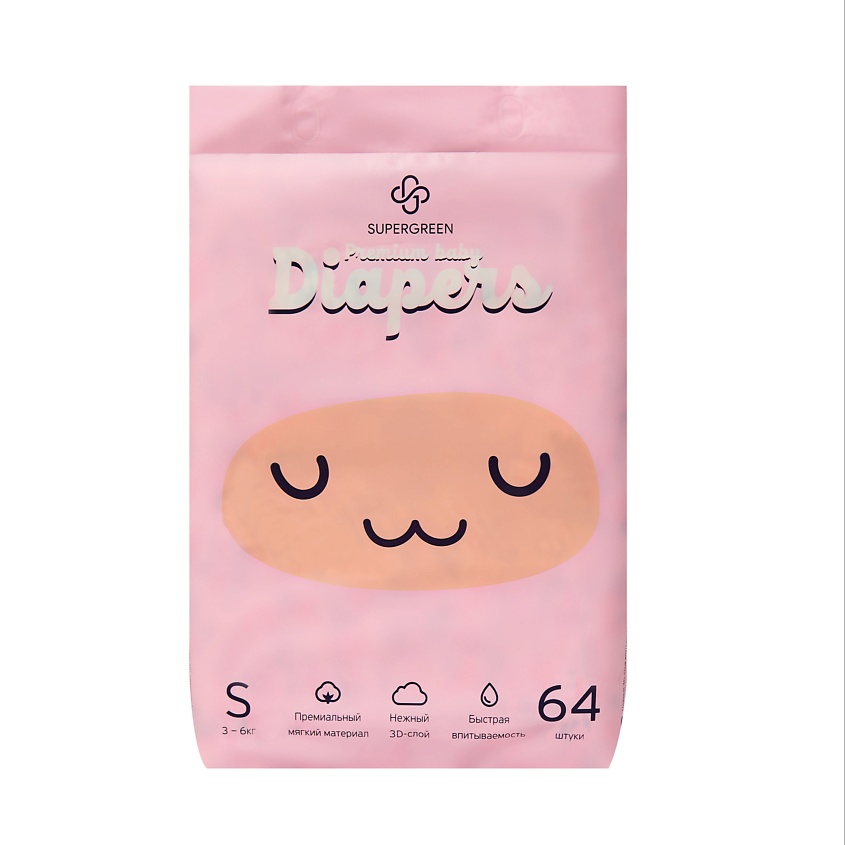 SUPERGREEN Подгузники Premium baby Diapers размер S (вес 3-6 кг) – фото 1