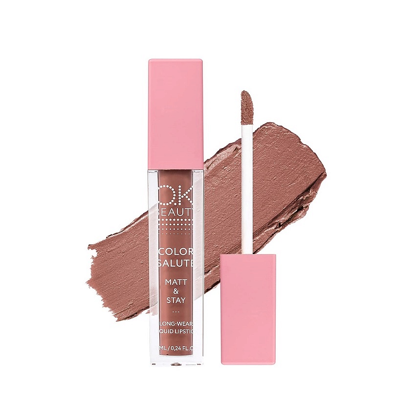 OK BEAUTY Матовая стойкая жидкая губная помада COLOR SALUTE MATT & STAY, Caramel 7 мл – фото 1