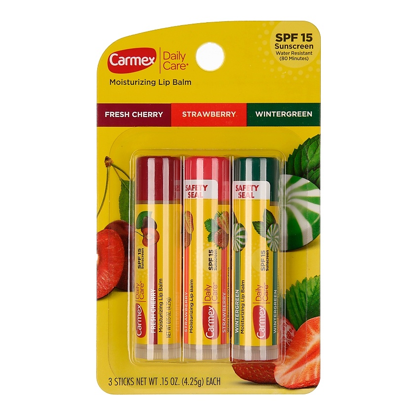 CARMEX Набор бальзамов для губ ассорти в стике (вишня, клубника, мятный леденец) SPF 15 – фото 1