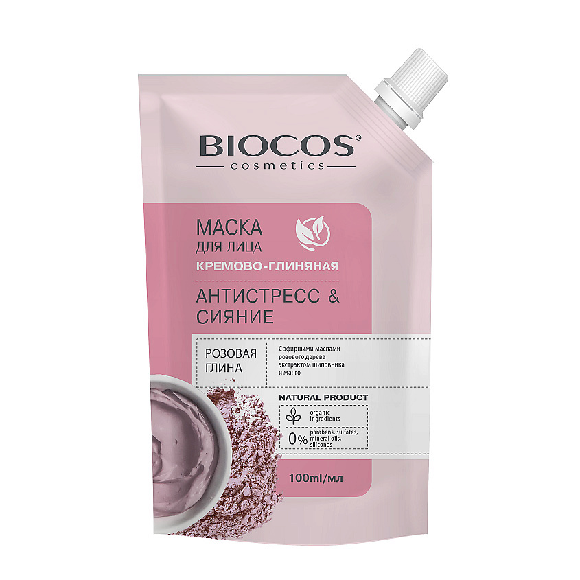 BIOCOS Маска для лица на основе розовой глины Антистресс и Сияние в дойпаке Pink Clay Antistress and Shine – фото 1
