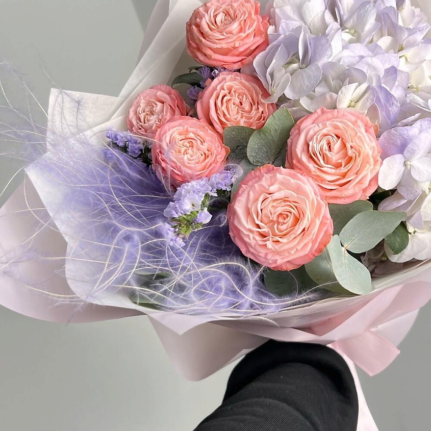 FLORES Лавандовая гортензия с пионовидной розой и эвкалиптом – фото 3