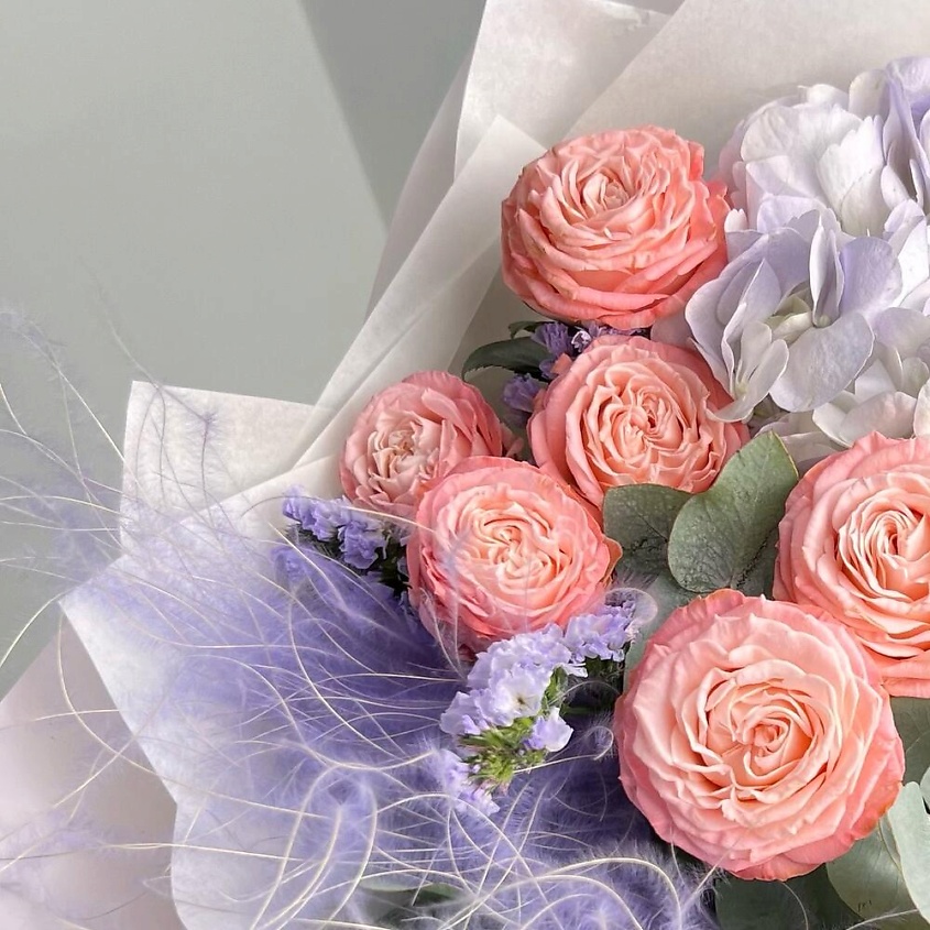 FLORES Лавандовая гортензия с пионовидной розой и эвкалиптом – фото 4