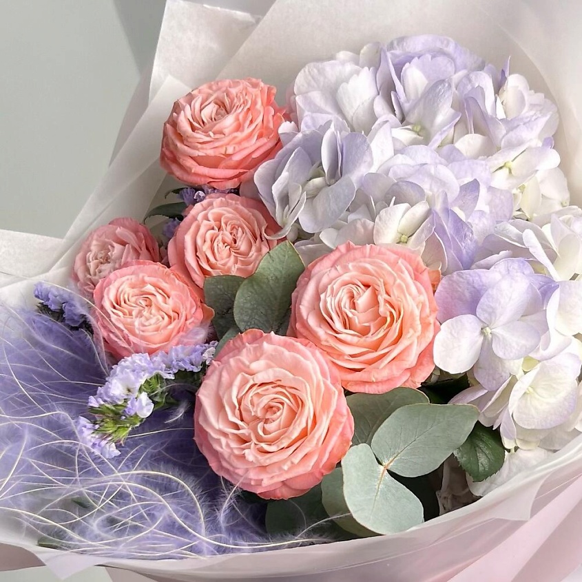 FLORES Лавандовая гортензия с пионовидной розой и эвкалиптом – фото 2