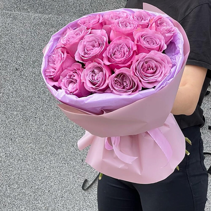 FLORES 15 пионовидных пышных розовых роз QUEENS CROWN в упаковке – фото 3
