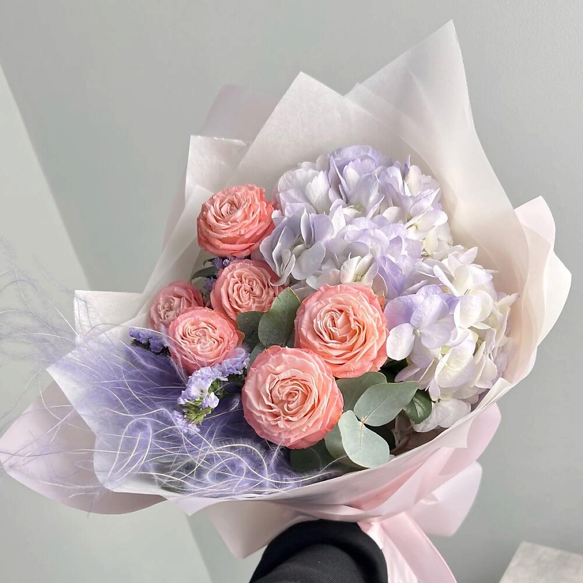 FLORES Лавандовая гортензия с пионовидной розой и эвкалиптом – фото 1