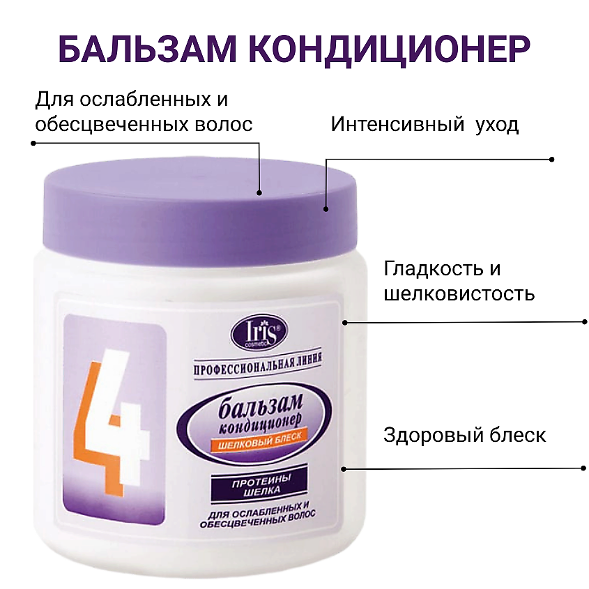 IRIS COSMETIC Бальзам-кондиционер №4 Шелковый блеск с протеинами шелка – фото 2