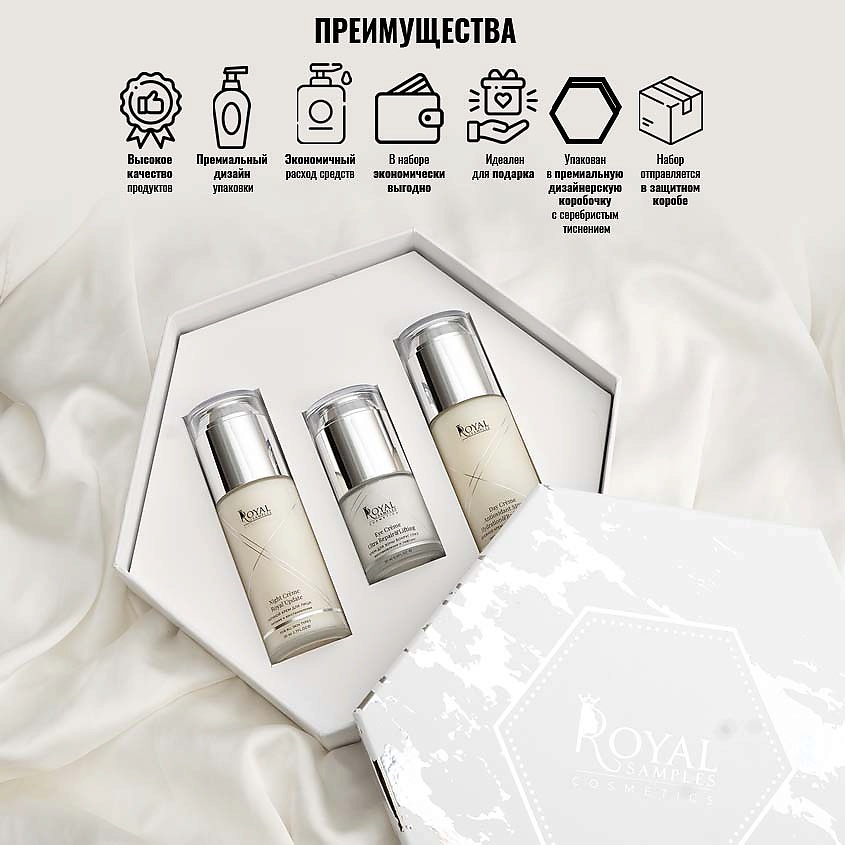 ROYAL SAMPLES Косметический набор Ideal Face крем для лица дневной +крем ночной +крем для век – фото 10