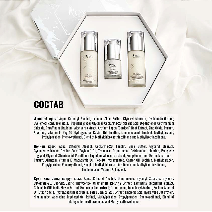 ROYAL SAMPLES Косметический набор Ideal Face крем для лица дневной +крем ночной +крем для век – фото 12