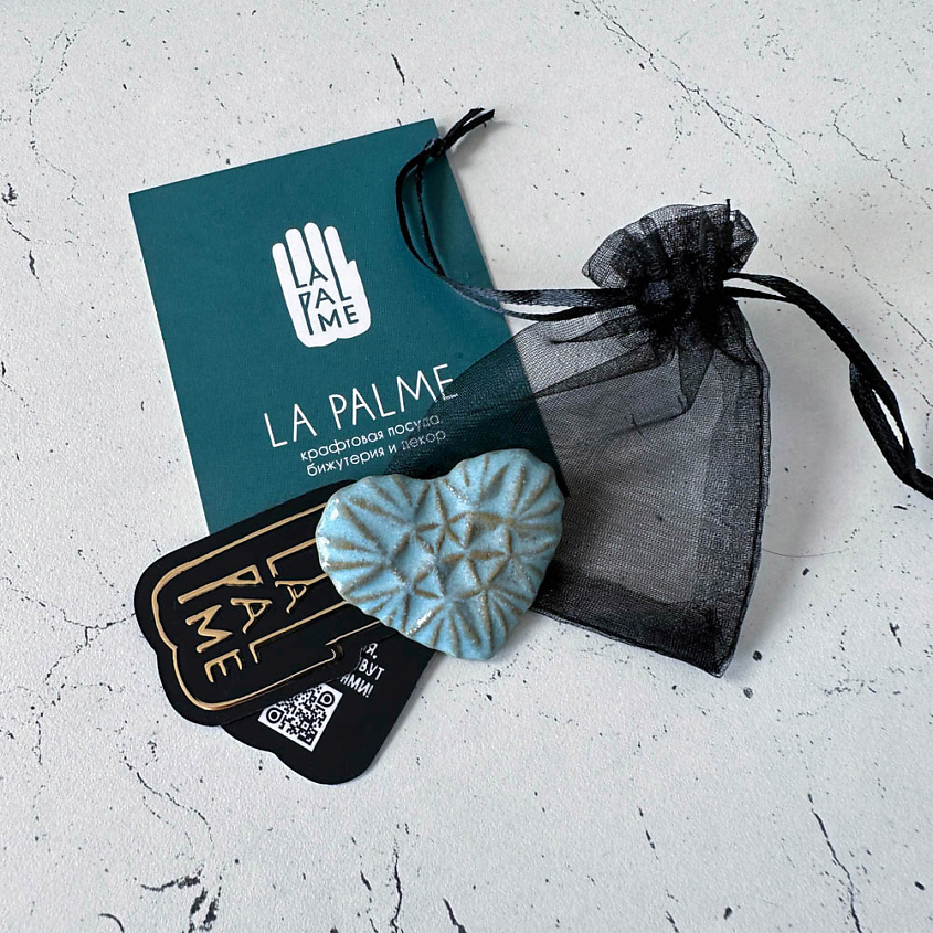 LA PALME ARTISAN CERAMICA Брошь-значок из керамики Сердце Голубой лед Б – фото 4