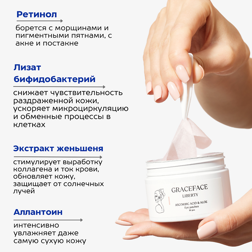 GRACE FACE Патчи тканевые для глаз с ретинолом и женьшенем от отеков и мешков – фото 2