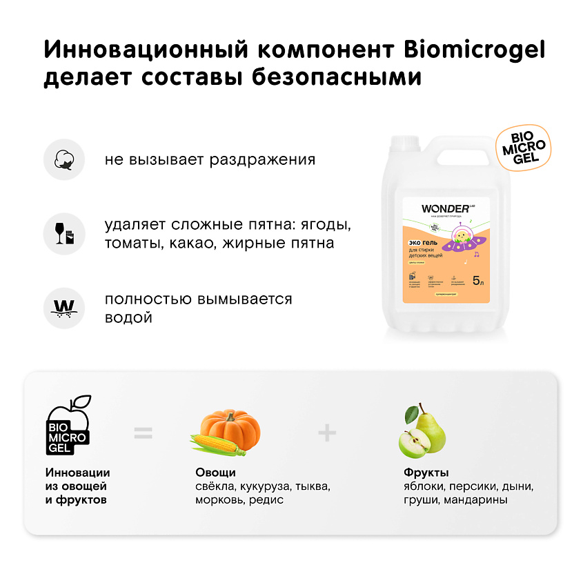 WONDER LAB Эко гель для стирки детских вещей 5 литров с ароматом цветов хлопка – фото 3
