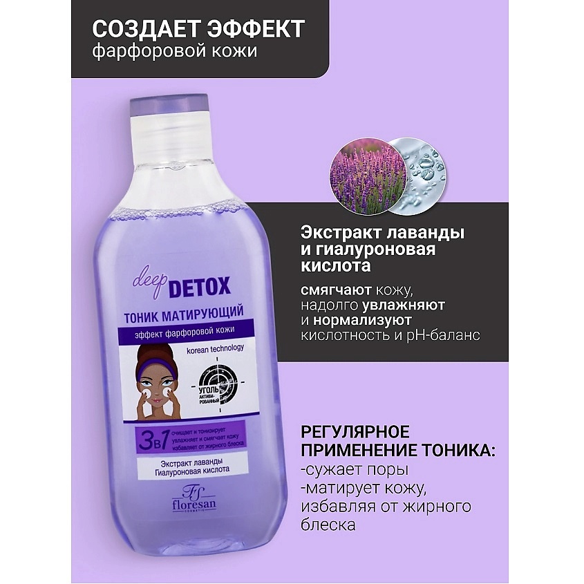 FLORESAN Тоник матирующий "Эффект фарфоровой кожи" DEEP DETOX – фото 2