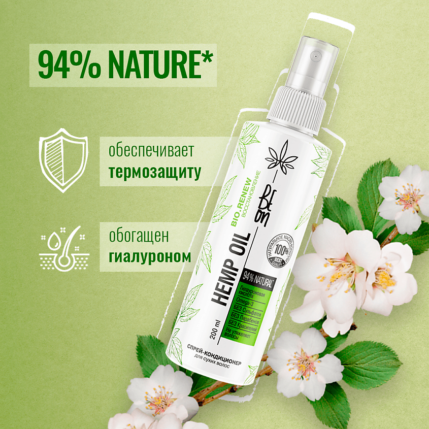 BEON Спрей-кондиционер Hemp oil Укрепление и увлажнение для нормальных и сухих волос – фото 2