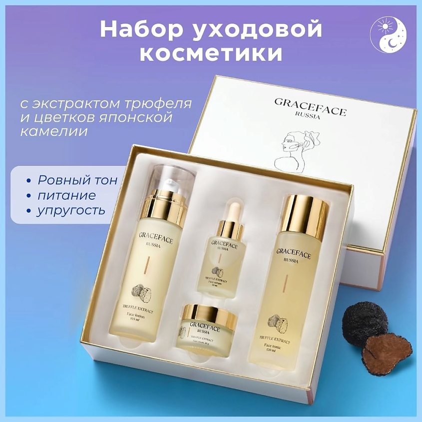 GRACE FACE Набор уходовых средств для лица с экстрактом трюфеля: лосьон, тоник, крем, сыворотка. – фото 2