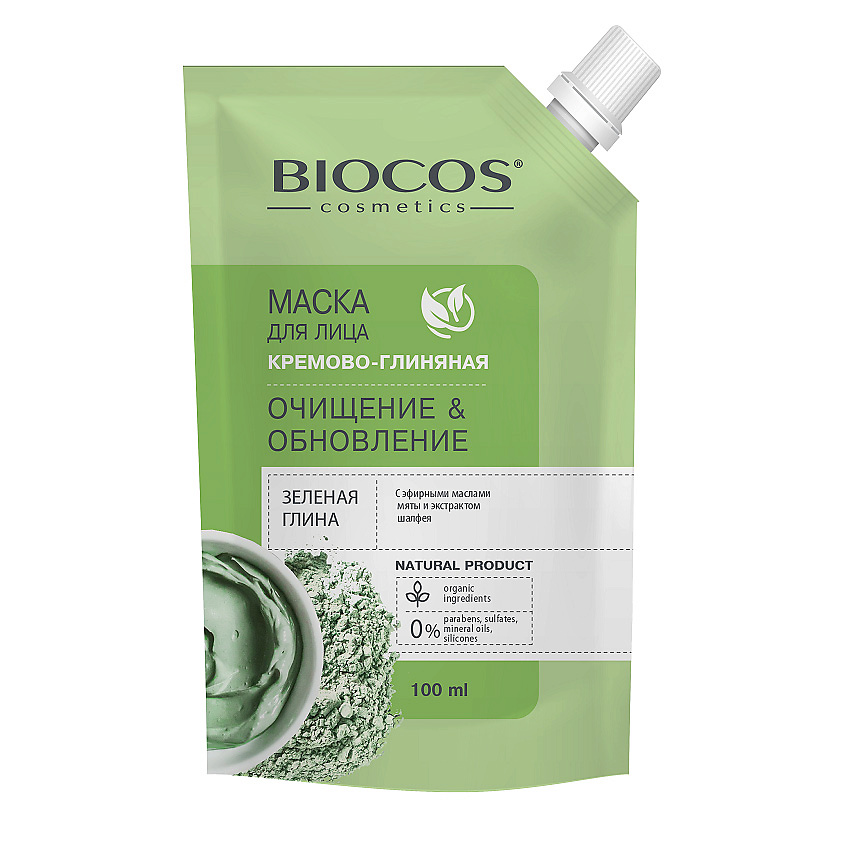 BIOCOS Маска для лица на основе зеленой глины Очищение и Обновление в дойпаке Creen Clay Cleansing and Refreshing – фото 1