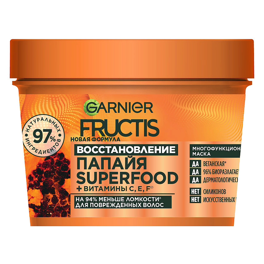 FRUCTIS Маска 3в1, Superfood Папайя, для поврежденных волос, 390 мл – фото 1