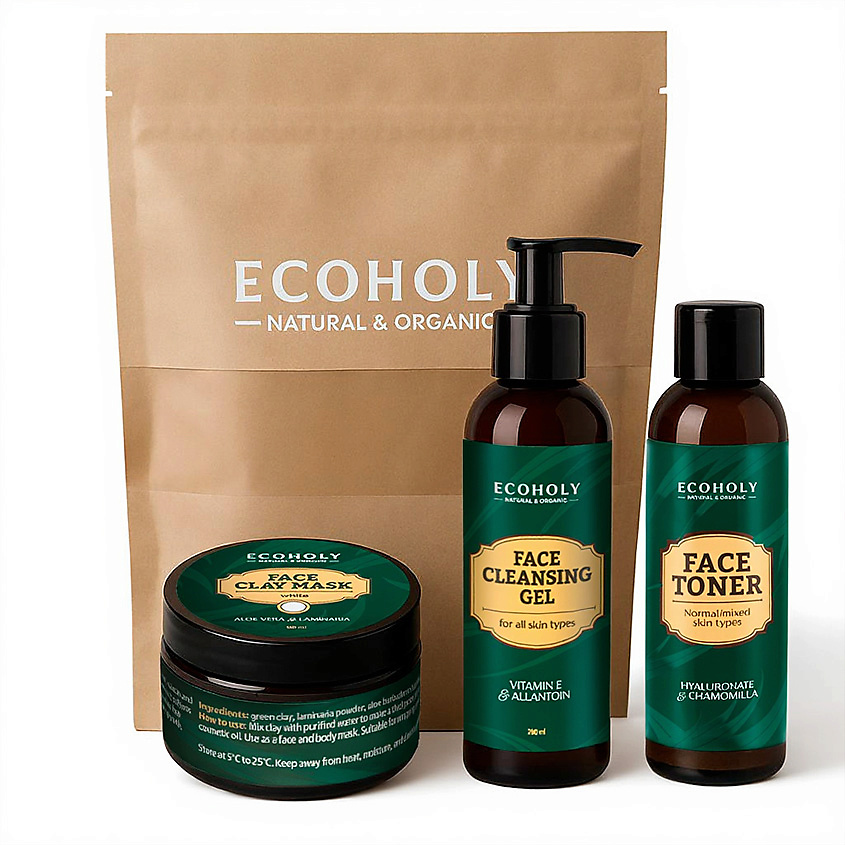 ECOHOLY Набор средств для смешанной кожи (Тоник для лица + Глина белая + Гель для умывания успокаивающий с витамином Е) – фото 2