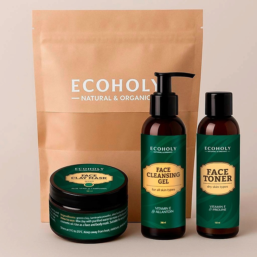 ECOHOLY Набор средств для ухода для сухой кожи (Тоник для сухой кожи + Глина зеленая + Гель для умывания успокаивающий с витамин Е) – фото 2