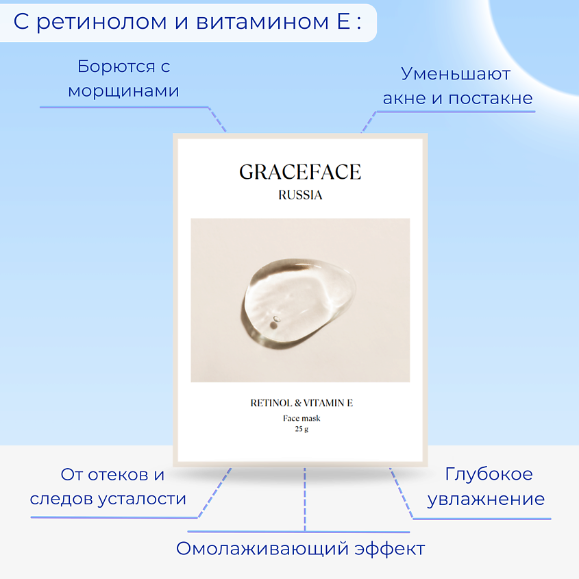 GRACE FACE Тканевая маска для лица увлажняющая с ретинолом и витамином Е – фото 2