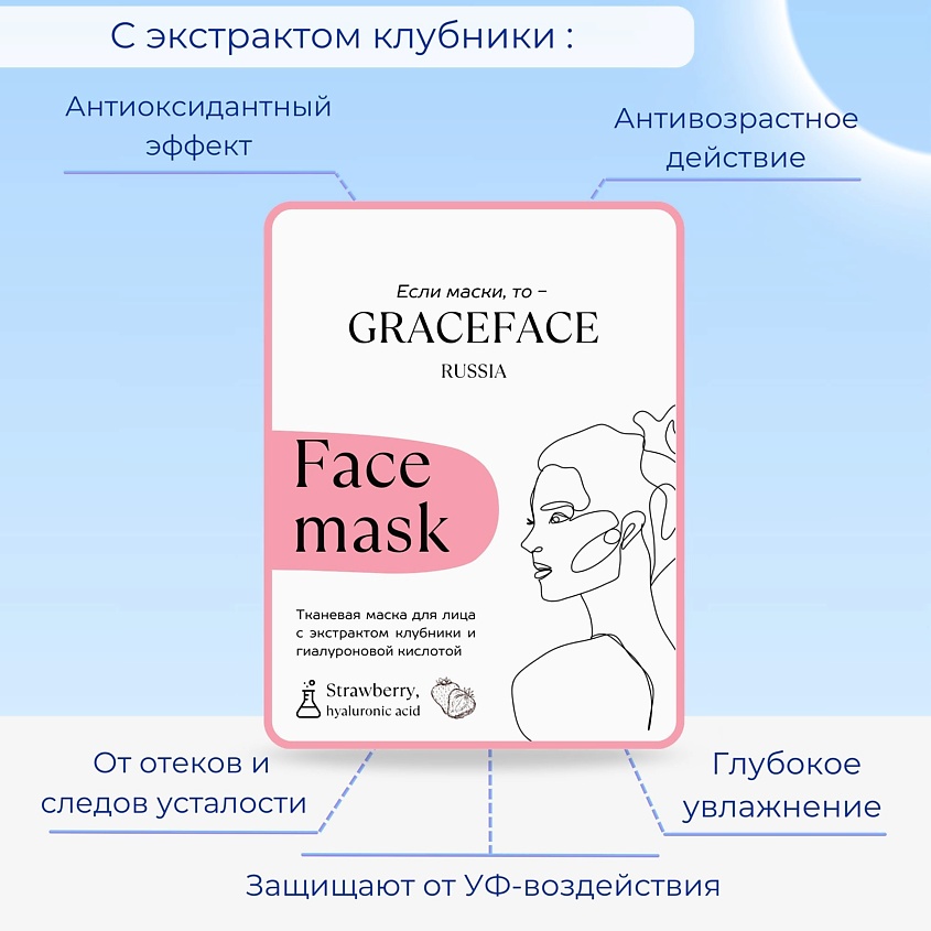 GRACE FACE Тканевая маска для лица с экстрактом клубники и гиалуроновой кислотой – фото 2