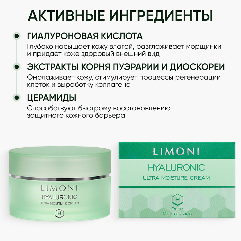 LIMONI Крем для лица увлажняющий с гиалуроновой кислотой Hyaluronic Ultra Moisture – фото 3