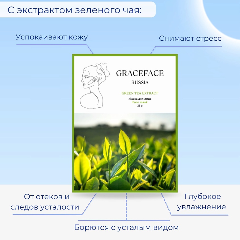 GRACE FACE Тканевая маска для лица увлажняющая и успокаивающая с экстрактом зеленого чая – фото 2