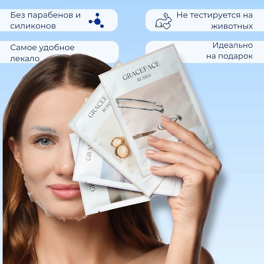 GRACE FACE Набор увлажняющих тканевых масок для лица  "Полное восстановление" 21 шт с кислотами – фото 3