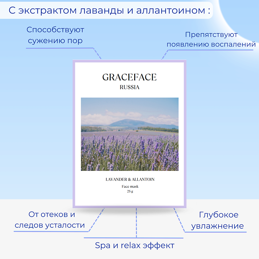 GRACE FACE Тканевая маска для лица  увлажняющая с экстрактом лаванды и аллантоином – фото 2