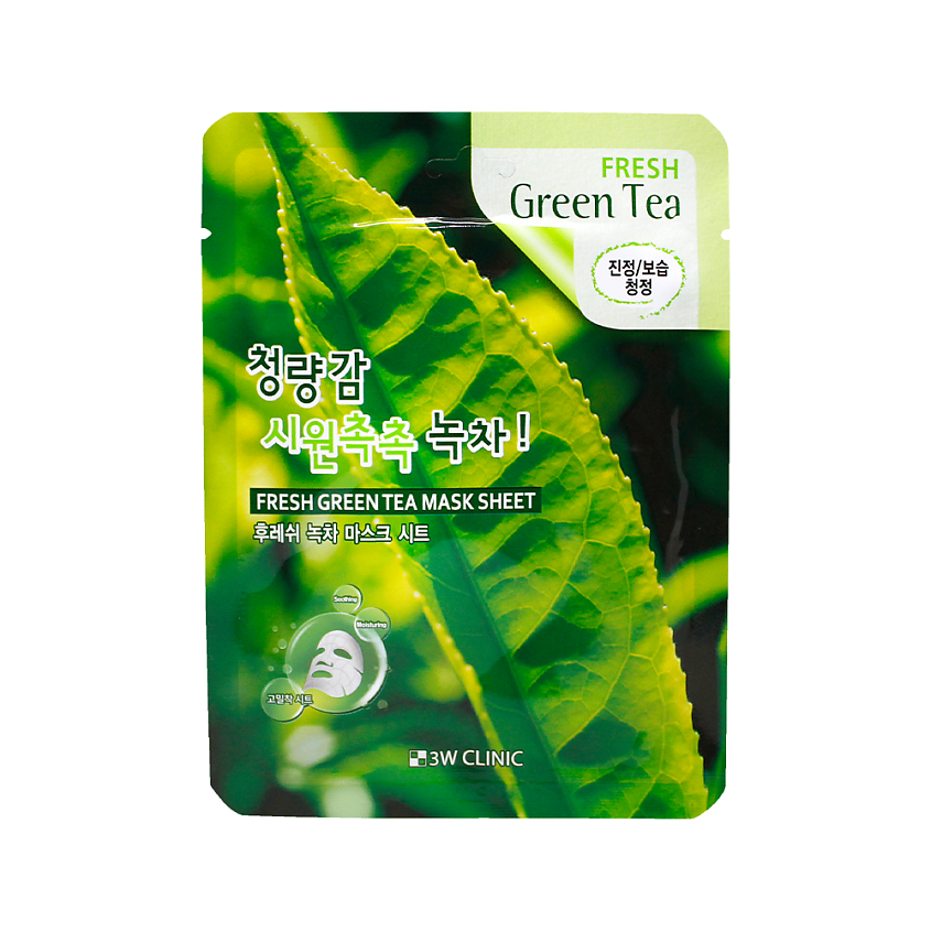 3W CLINIC Тканевая маска для лица с зелёным чаем, FRESH GREEN TEA MASK SHEET – фото 2