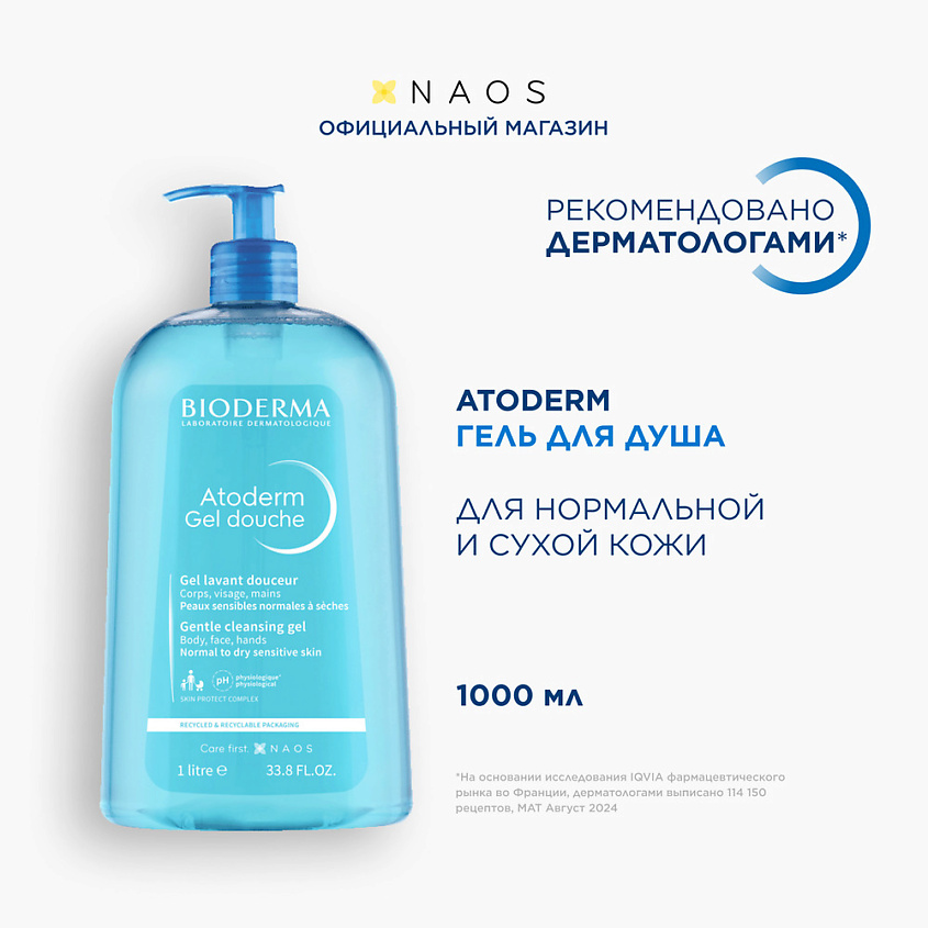 BIODERMA Мягкий очищающий гель для душа для нормальной, сухой и атопичной кожи Atoderm, 1000 мл – фото 2