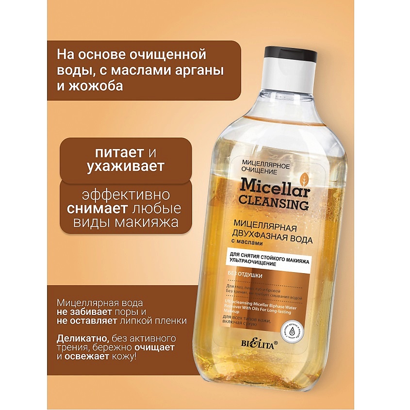 БЕЛИТА Мицеллярная двухфазная вода с маслами для снятия стойкого макияжа Micellar CLEANSING – фото 2