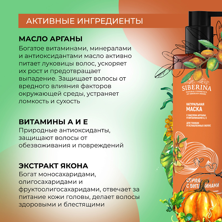 SIBERINA Маска с маслом арганы и витаминами А, Е для тонких и ослабленных волос – фото 4